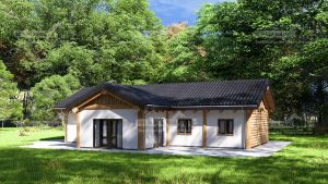 Post & Beam Blockhaus Modell Hamburg, Vorderansicht. Traditionelle Blockbauweise kombiniert mit einer modernen Putz-Holz-Fassade, klar strukturiert durch massive Rundholzbalken. Die Ansicht zeigt den großzügigen Eingangsbereich, die helle Putzfassade mit integrierten Holzelementen und die klassische Dachform. Das Blockhaus steht auf einem großen, sonnigen Grundstück, umgeben von Wald und Wiese – ideal für naturnahes und energieeffizientes Wohnen.