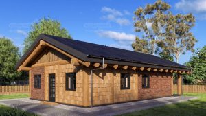 Moderne Vorderansicht eines Lausitz Blockhauses, Holzbau mit überdachtem Eingangsbereich.