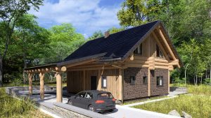 Frontansicht eines modernen Post & Beam Klinker Blockhauses mit großem Satteldach, Holzfachwerk und großzügigem Garten.