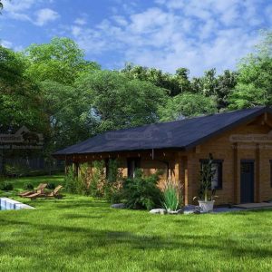 Eingang des Blockbohlenhauses Lausitz mit überdachtem Eingangsbereich und gepflegter Gartenanlage