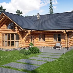 Gartenseite des Naturstammhauses „Elbe“ mit verglastem Erker, Rundholzfassade, Steinsockel und Kamin