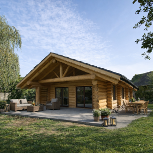 Rückansicht des Naturstammhauses Lausitz mit überdachter Terrasse, sichtbarer Dachkonstruktion und großzügigen Glasflächen zum Garten