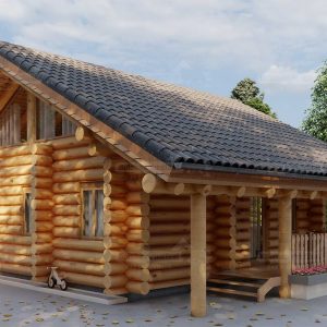 Eingangsbereich des Naturstammhauses Havel mit überdachter Terrasse und Naturstammkonstruktion