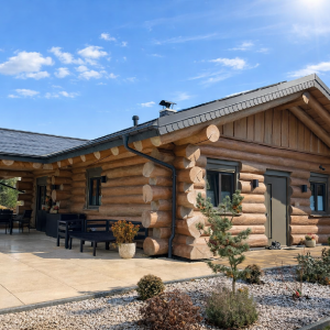 Naturstammhaus Niederlausitz mit überdachter Terrasse, massiven Holzstützen und klassischer Blockhausarchitektur in ländlicher Umgebung