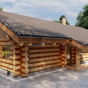 Eingangsbereich eines Naturstammhauses in der Oberlausitz mit überdachtem Hauseingang