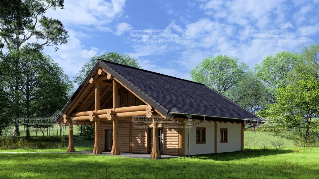 Seitliche Rückansicht eines Post-and-Beam-Hauses in Grünheide mit Naturstämmen