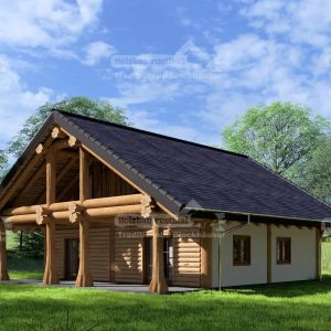 Seitliche Rückansicht eines Post-and-Beam-Hauses in Grünheide mit Naturstämmen