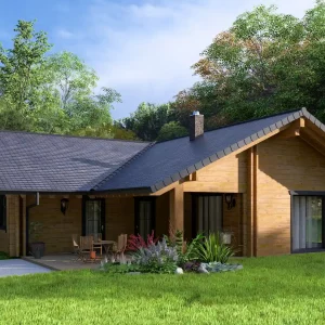3D-Außenansicht vom Blockbohlenhaus Brandenburg mit Terrasse und Gartenbereich