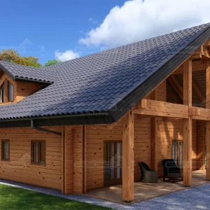 Terrasse des Blockbohlenhauses Grünheide mit überdachtem Außenbereich, Holzstützen und Sitzmöglichkeiten