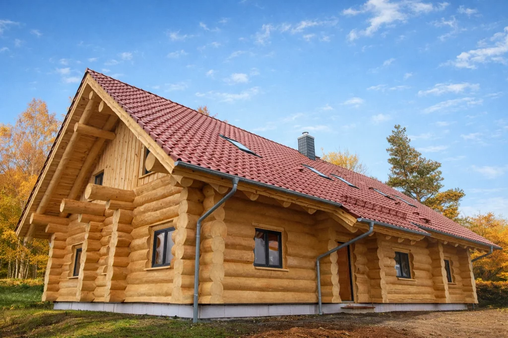 Naturstammhaus Chemnitz im geschlossenen Rohbau mit montierten Fenstern und Dach als Bausatz von Holzbau Rustikal