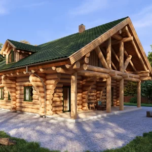 3D-Außenansicht vom Naturstammhaus Grünheide auf der Rückseite in seitlicher Perspektive mit Terrasse in Gesamtansicht