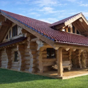 Naturstammhaus Lavanda Haupteingang seitlich mit Überdachung