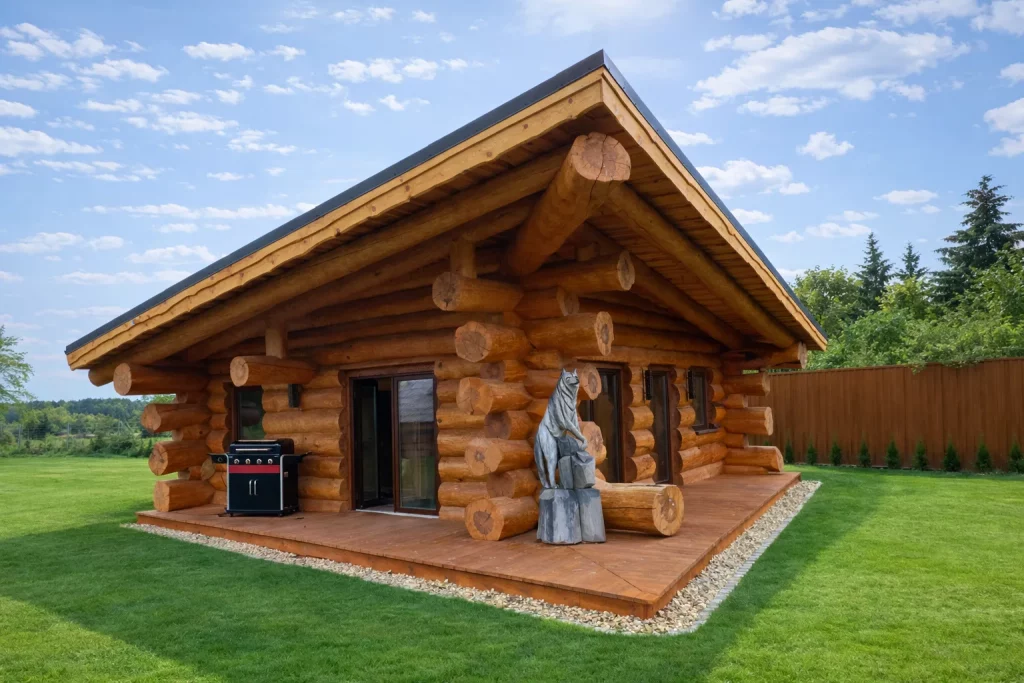 Seitlicher Haupteingang Naturstammhaus Ostsee Bungalow