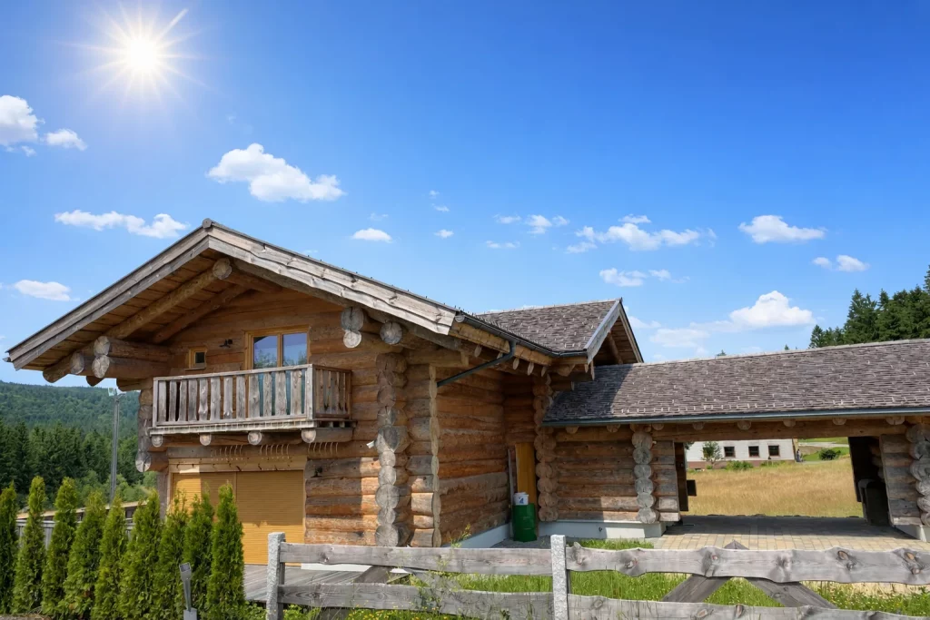 Seitliche Ansicht vom Naturstammhaus Schöneberg in massiver Rundstammbauweise
