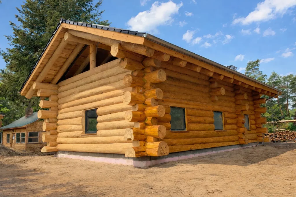 Naturstammhaus Zossen im Rohbau in der Hinteransicht mit Rundstammkonstruktion