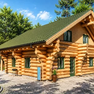 Naturstammhaus Grünheide Seitenansicht mit Eingang