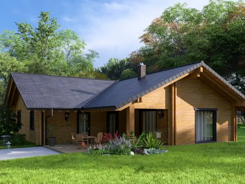 3D-Außenansicht vom Blockbohlenhaus Brandenburg mit Terrasse und Gartenbereich