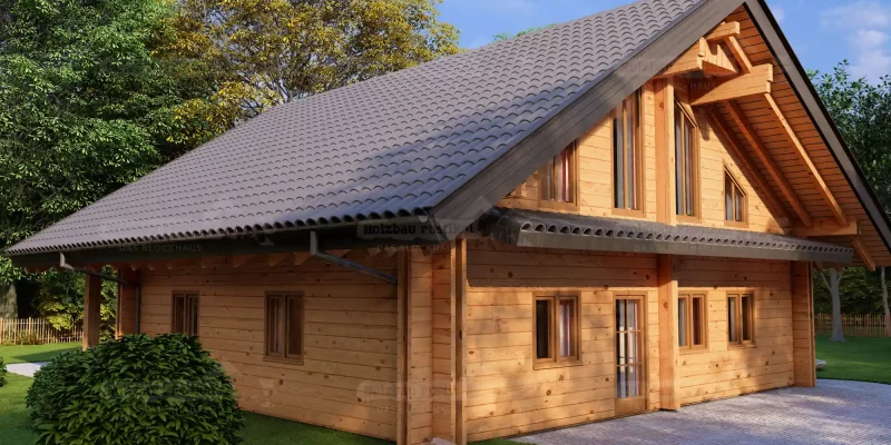Eingang des Blockbohlenhauses Grünheide und gepflastertem Zugangsbereich