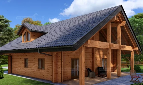 Terrasse des Blockbohlenhauses Grünheide mit überdachtem Außenbereich, Holzstützen und Sitzmöglichkeiten