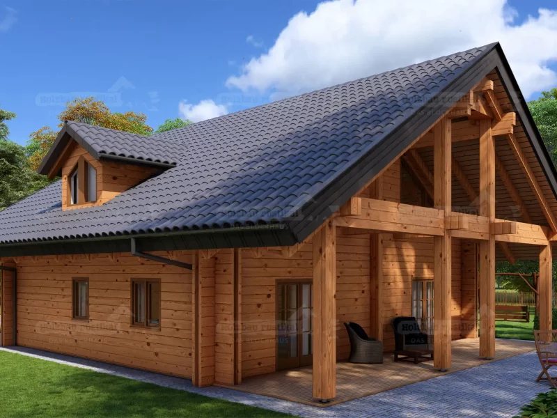 Terrasse des Blockbohlenhauses Grünheide mit überdachtem Außenbereich, Holzstützen und Sitzmöglichkeiten