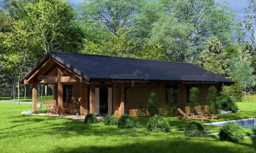 Terrasse des Blockbohlenhauses Lausitz mit überdachtem Sitzbereich und Blick in den Garten