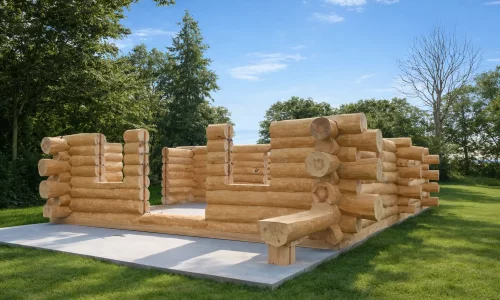 Blockhaus Ferienhaus Holland im Rohbau mit Innenstruktur und Wandoeffnungen fuer Fenster