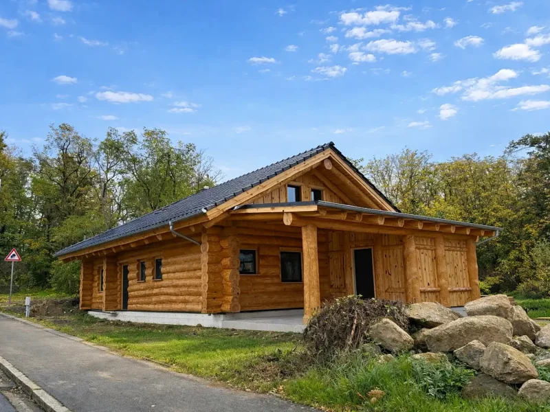 Seitliche Rückansicht mit überdachter Terrasse Naturstammhaus Brandenburg