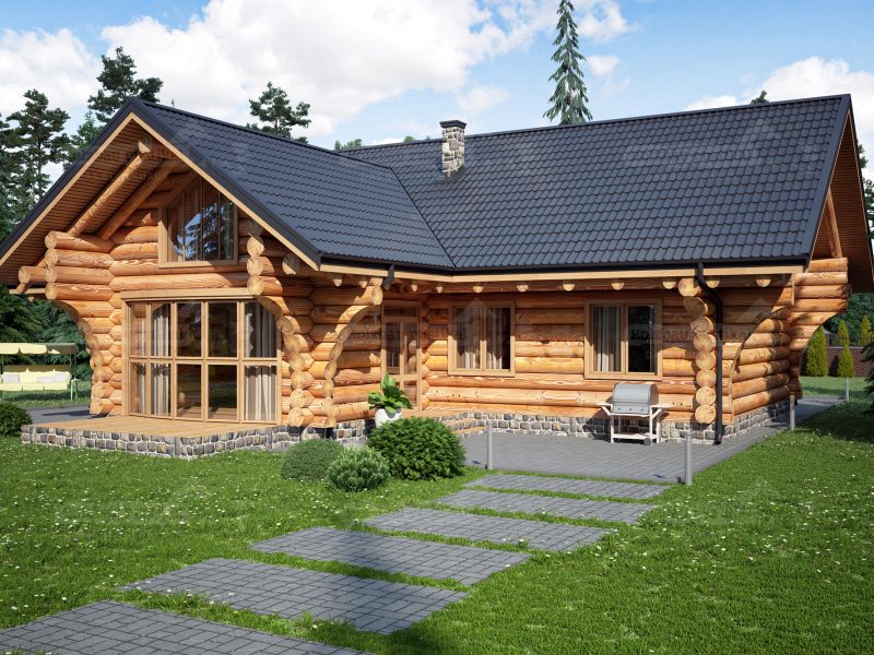 Gartenseite des Naturstammhauses „Elbe“ mit verglastem Erker, Rundholzfassade, Steinsockel und Kamin