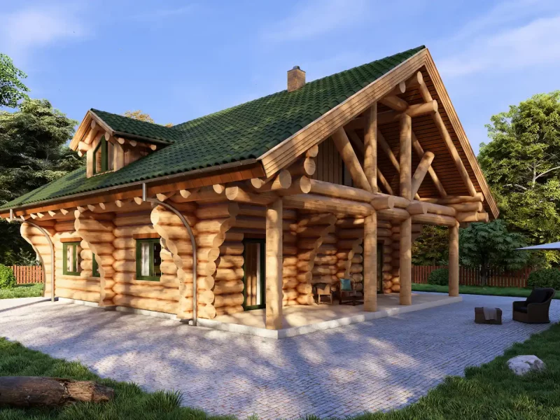 3D-Außenansicht vom Naturstammhaus Grünheide auf der Rückseite in seitlicher Perspektive mit Terrasse in Gesamtansicht