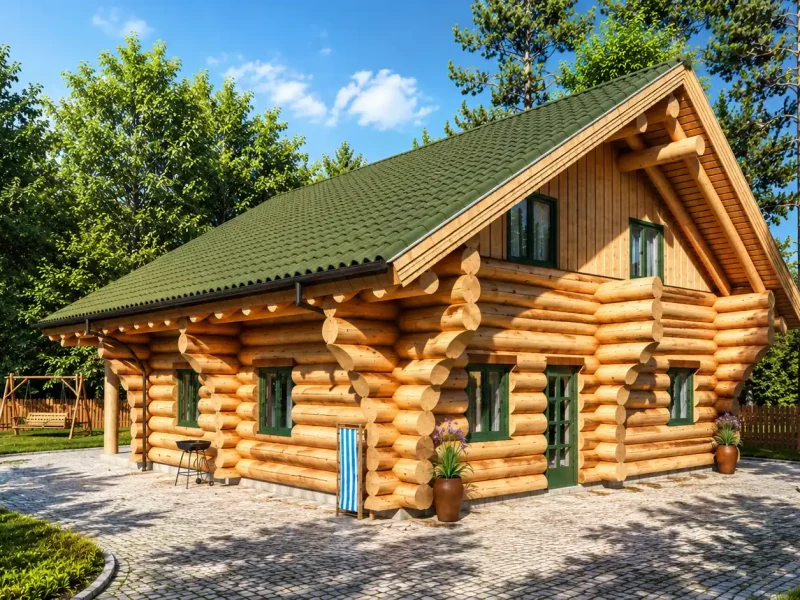 Naturstammhaus Grünheide Seitenansicht mit Eingang