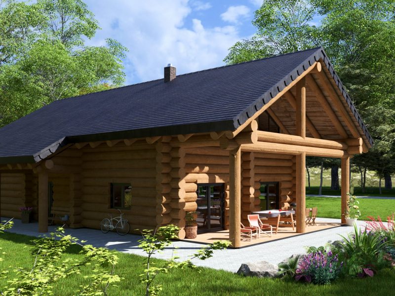 Eingangsbereich vom Naturstammhaus Kamenz mit überdachtem Holzportal und massiven Rundstämmen