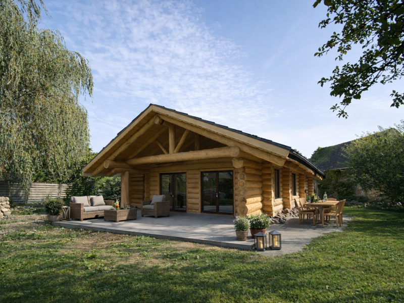 Rückansicht des Naturstammhauses Lausitz mit überdachter Terrasse, sichtbarer Dachkonstruktion und großzügigen Glasflächen zum Garten