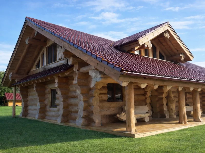Naturstammhaus Lavanda Haupteingang seitlich mit Überdachung