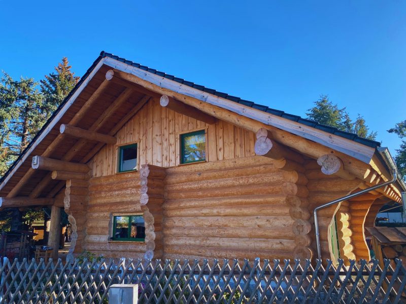 Außenansicht Naturstammhaus Leipzig mit grün gerahmten Fenstern und Holzzaun bei blauem Himmel