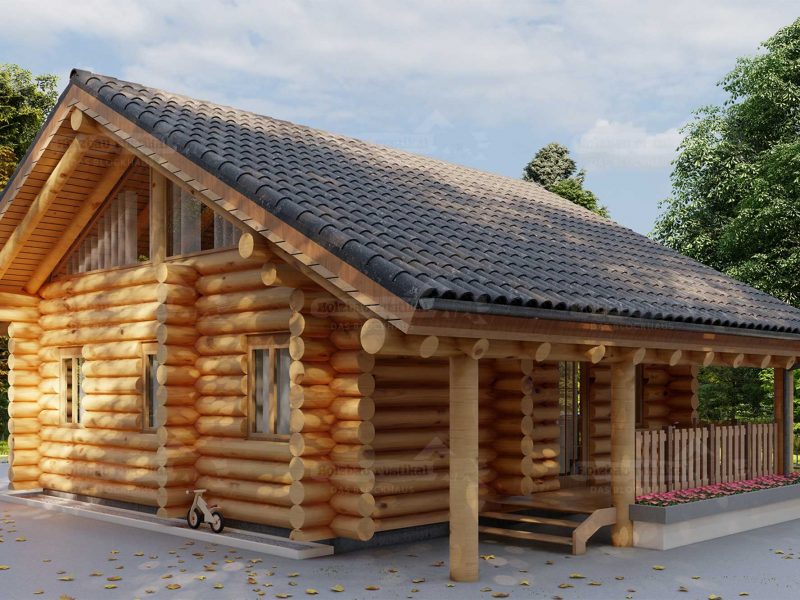 Eingangsbereich des Naturstammhauses Havel mit überdachter Terrasse und Naturstammkonstruktion