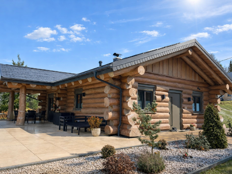 Naturstammhaus Niederlausitz mit überdachter Terrasse, massiven Holzstützen und klassischer Blockhausarchitektur in ländlicher Umgebung