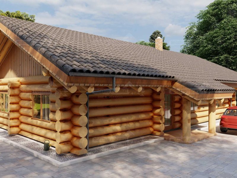 Eingangsbereich eines Naturstammhauses in der Oberlausitz mit überdachtem Hauseingang