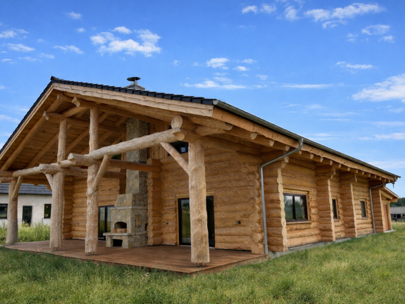 Überdachte Terrasse eines Naturstammhauses mit massiven Rundholzstützen, sichtbarer Dachkonstruktion und gemauertem Natursteinkamin mit integriertem Außenkamin