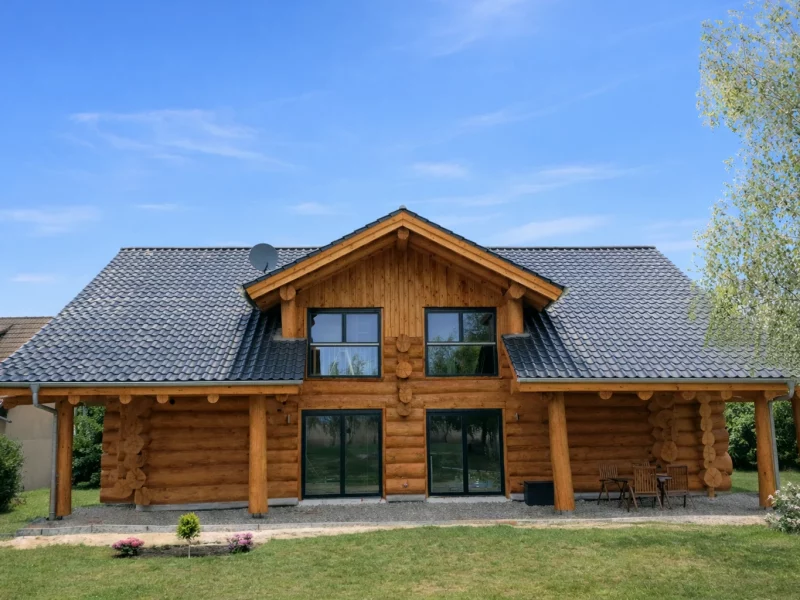 Frontansicht des Naturstammhauses Uckermark mit Giebelfenster und überdachter Terrasse