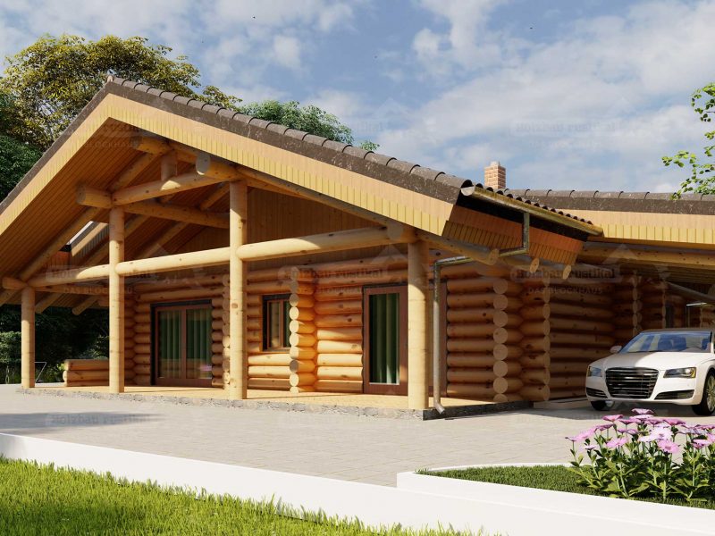 Carport am Naturstammhaus Wolfsburg mit massiven Rundholzstützen