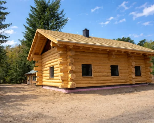 Naturstammhaus Zossen im Rohbau in der Seitenansicht aus massiven Rundstämmen