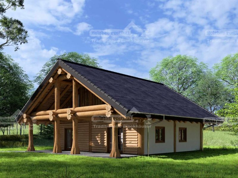 Seitliche Rückansicht eines Post-and-Beam-Hauses in Grünheide mit Naturstämmen