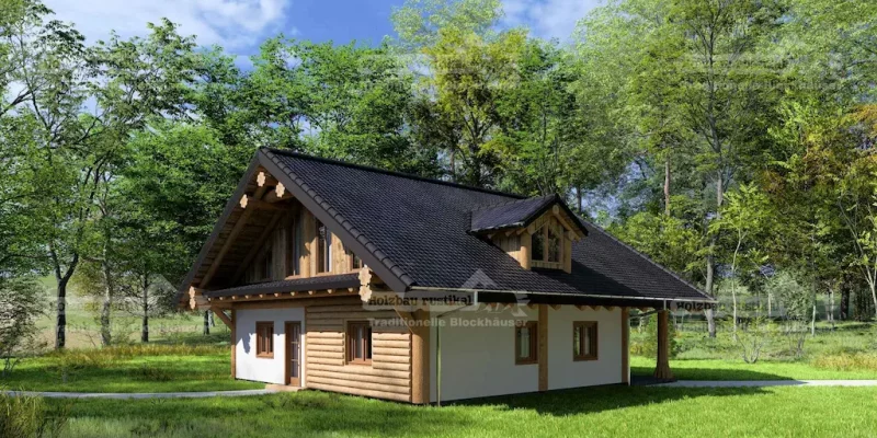 Seitliche Vorderansicht des Post & Beam Hauses Grünheide mit Kombination aus Holzständern und Putzfassade