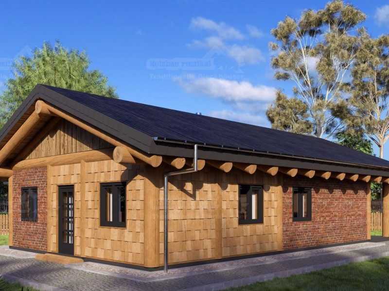 Moderne Vorderansicht eines Lausitz Blockhauses, Holzbau mit überdachtem Eingangsbereich.